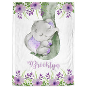 Purple elephant name blanket with purple flowers, newborn elephant baby swaddle, personalized girl elephant and florals baby gift,