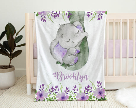 Purple elephant name blanket with purple flowers, newborn elephant baby swaddle, personalized girl elephant and florals baby gift,