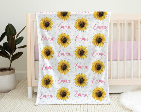 Polka dot sunflower newborn baby blanket, personalized name blanket with sunflowers, baby girl sunflower gift, pink floral baby swaddle