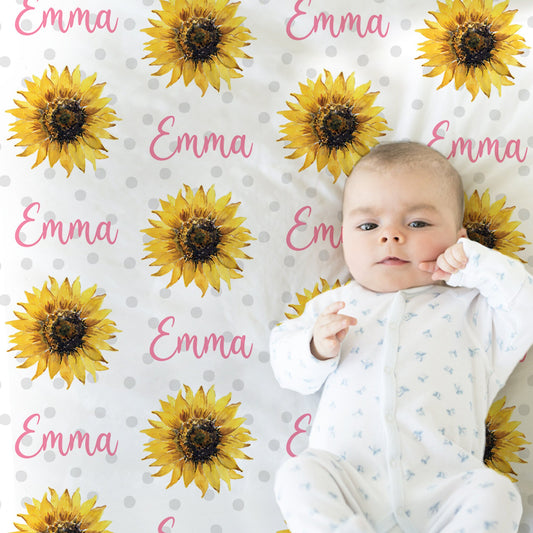Polka dot sunflower newborn baby blanket, personalized name blanket with sunflowers, baby girl sunflower gift, pink floral baby swaddle