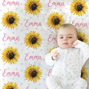 Polka dot sunflower newborn baby blanket, personalized name blanket with sunflowers, baby girl sunflower gift, pink floral baby swaddle