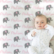 Personalized elephant baby blanket, newborn elephants name blanket, girl elephant swaddle, elephant baby gift, script name baby blanket