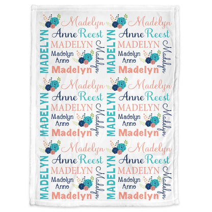 Flower baby blanket, personalized newborn blanket with name, floral coral and navy baby girl gift, chic flowers swaddle blanket