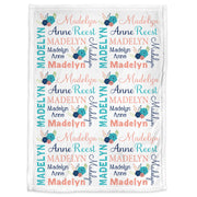 Flower baby blanket, personalized newborn blanket with name, floral coral and navy baby girl gift, chic flowers swaddle blanket