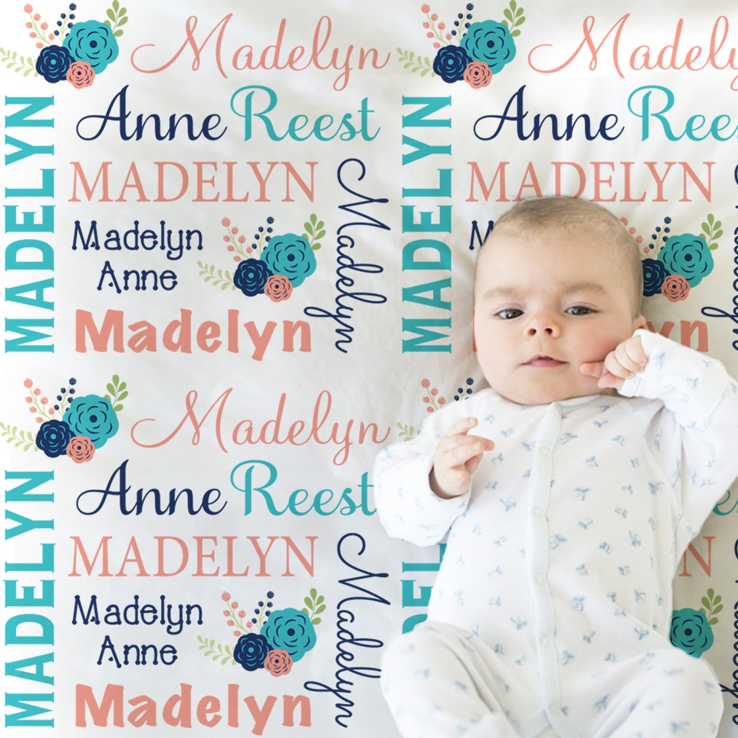 Flower baby blanket, personalized newborn blanket with name, floral coral and navy baby girl gift, chic flowers swaddle blanket