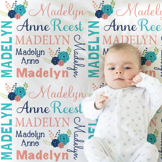 Flower baby blanket, personalized newborn blanket with name, floral coral and navy baby girl gift, chic flowers swaddle blanket