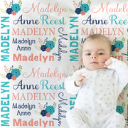 Flower baby blanket, personalized newborn blanket with name, floral coral and navy baby girl gift, chic flowers swaddle blanket