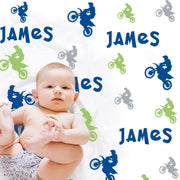 Personalized motocross baby boy blanket, dirt bike newborn name blanket, motorcycle dirt bike baby swaddle, motocross gift, (CHOOSE COLORS)