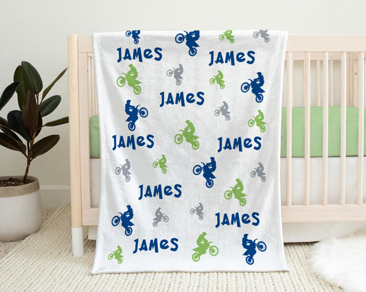 Personalized motocross baby boy blanket, dirt bike newborn name blanket, motorcycle dirt bike baby swaddle, motocross gift, (CHOOSE COLORS)