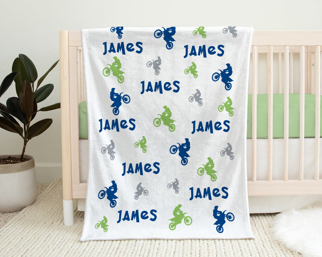 Personalized motocross baby boy blanket, dirt bike newborn name blanket, motorcycle dirt bike baby swaddle, motocross gift, (CHOOSE COLORS)
