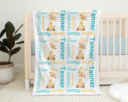 Baby boy giraffe blanket, personalized baby name blanket with giraffes, aqua and orange giraffe baby gift, safari giraffe swaddle
