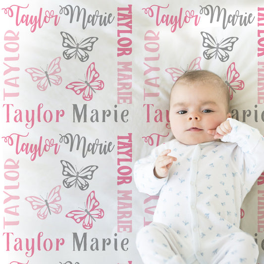 Pink butterfly baby blanket, personalized butterflies girl blanket with name, newborn butterfly swaddle, butterfly baby gift (CHOOSE COLORS)