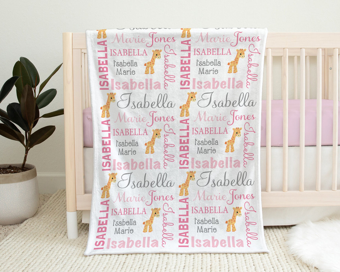 Giraffe baby girls name blanket, giraffes personalized newborn blanket, pink giraffe baby gift, girl or boy, giraffe nursery (CHOOSE COLORS)
