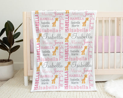 Giraffe baby girls name blanket, giraffes personalized newborn blanket, pink giraffe baby gift, girl or boy, giraffe nursery (CHOOSE COLORS)