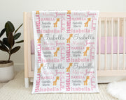 Giraffe baby girls name blanket, giraffes personalized newborn blanket, pink giraffe baby gift, girl or boy, giraffe nursery (CHOOSE COLORS)