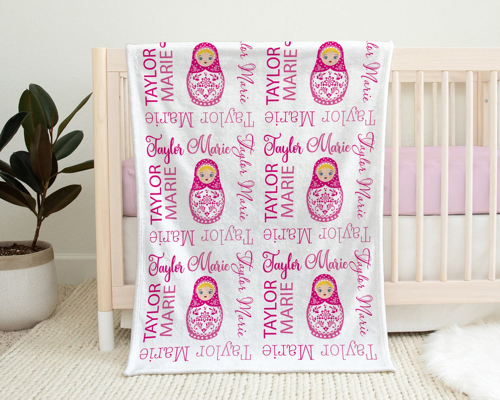 Nesting doll baby girl blanket, personalized matryoshka doll newborn blanket, nesting doll gift, baby swaddle with dolls (CHOOSE COLORS)