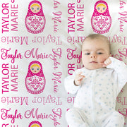 Nesting doll baby girl blanket, personalized matryoshka doll newborn blanket, nesting doll gift, baby swaddle with dolls (CHOOSE COLORS)