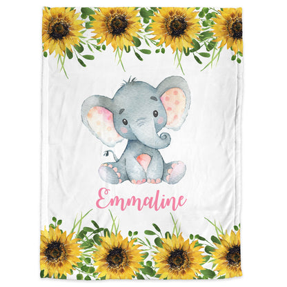 Personalized elephant sunflowers baby blanket, sunflower newborn name blanket, flowers and elephants baby gift, elephant flower swaddle