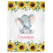 Personalized elephant sunflowers baby blanket, sunflower newborn name blanket, flowers and elephants baby gift, elephant flower swaddle