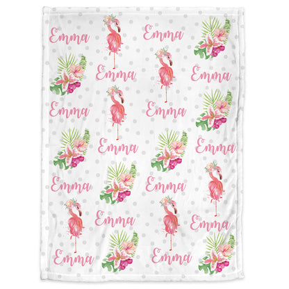 Personalized pink flamingo baby name blanket, floral tropic newborn swaddle blanket, tropical shower gift, tropical baby name blanket