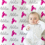 Pink motocross baby blanket, girl dirt bike name blanket, personalized newborn motocross baby gift, dirt bikes baby swaddle, boy or girls