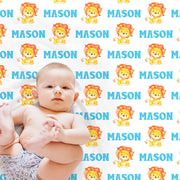 Cute boys personalized lion baby blanket, newborn lion theme name blanket, personalized lion animal gift, boys safari lion baby swaddle