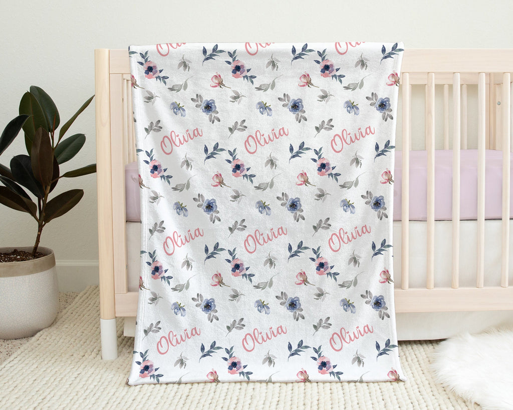 Navy and pink floral baby blanket, girls flower personalized newborn name blanket, floral baby gift, navy pink flower baby swaddle blanket