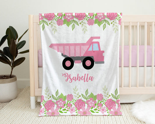 Pink girls construction trucks baby blanket, newborn girl dump truck floral swaddle blanket, pink flower construction baby gift with name,