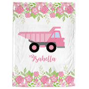 Pink girls construction trucks baby blanket, newborn girl dump truck floral swaddle blanket, pink flower construction baby gift with name,
