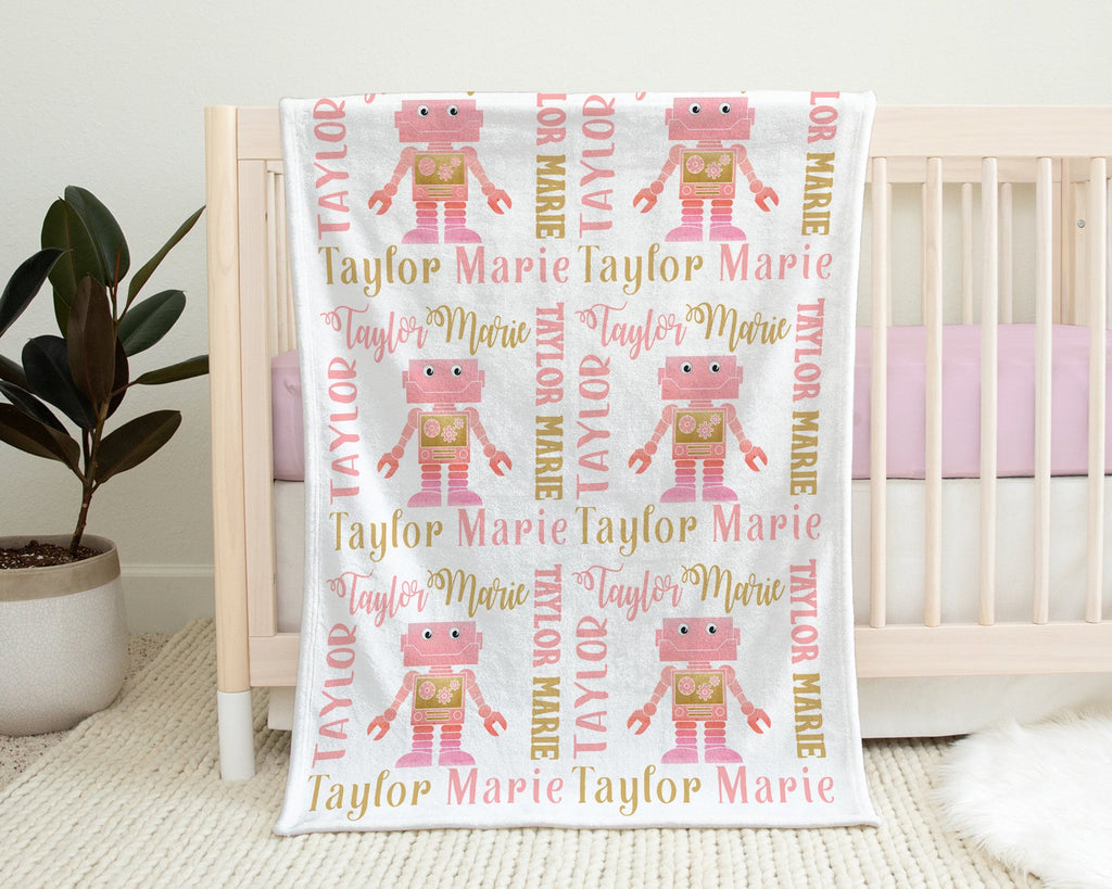 Pink robots baby blanket, newborn baby girl personalized name swaddle blanket, robot baby gift, infant robot gift with name, (CHOOSE COLORS)