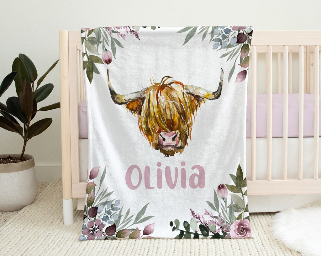 Highland cow baby blanket with flowers, highland cow newborn baby name blanket, personalized girl floral farm swaddle gift, farm cow baby