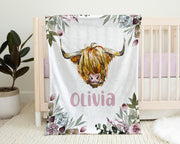 Highland cow baby blanket with flowers, highland cow newborn baby name blanket, personalized girl floral farm swaddle gift, farm cow baby