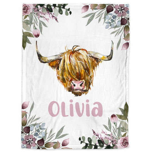 Highland cow baby blanket with flowers, highland cow newborn baby name blanket, personalized girl floral farm swaddle gift, farm cow baby