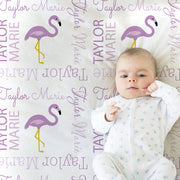 Flamingo baby girl blanket, newborn personalized swaddle name blanket, purple flamingo baby gift, baby blanket with flamingos