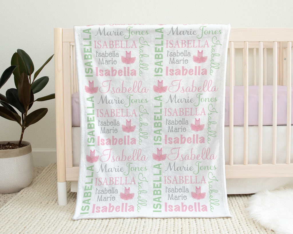 Ballet baby girl blanket, ballerina personalized swaddle blanket, newborn tutu theme baby gift with name, pink and mint baby  girl blanket