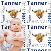 Baby boy highland cow blanket, personalized name blanket with steers, highland cow farm newborn baby gift, boy cow swaddle blanket