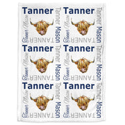 Baby boy highland cow blanket, personalized name blanket with steers, highland cow farm newborn baby gift, boy cow swaddle blanket
