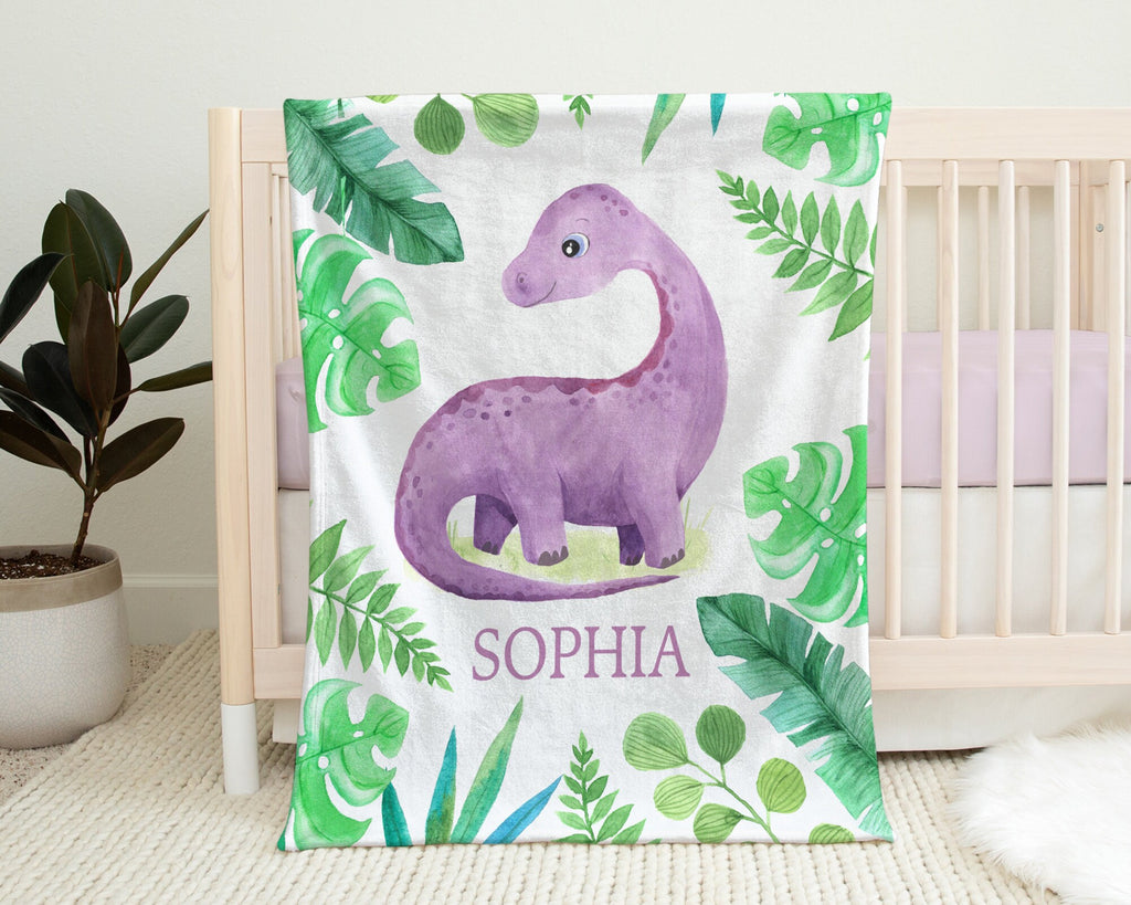 Personalized dinosaur baby blanket, purple dino nebworn name blanket, dinosaur theme baby gift, boy or girls, dinosaur nursery swaddle