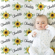 Sunflowers floral baby blanket, personalized sunflower newborn name blanket, flowers baby gift, sunflower swaddle with script name