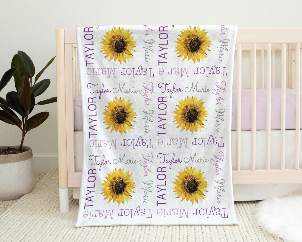 Personalized sunflower baby girl blanket, sunflower blanket with name, floral baby gift, purple newborn sunflower swaddle, (CHOOSE COLORS)