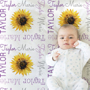 Personalized sunflower baby girl blanket, sunflower blanket with name, floral baby gift, purple newborn sunflower swaddle, (CHOOSE COLORS)