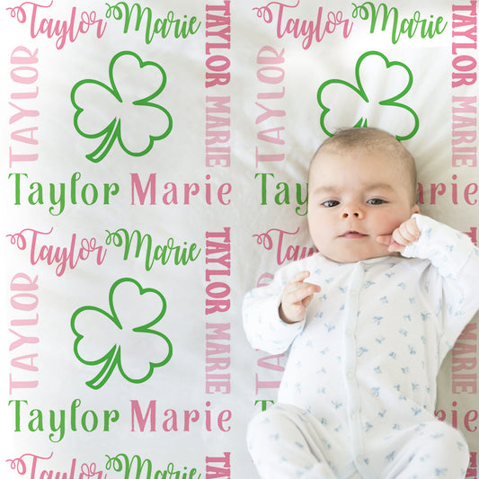 Personalized Shamrock Pink Baby Name Blanket Girl