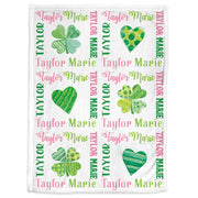 Shamrock hearts personalized baby blanket, st patricks lucky girls name blanket, clover newborn baby gift, baby boy or girl, (CHOOSE COLORS)