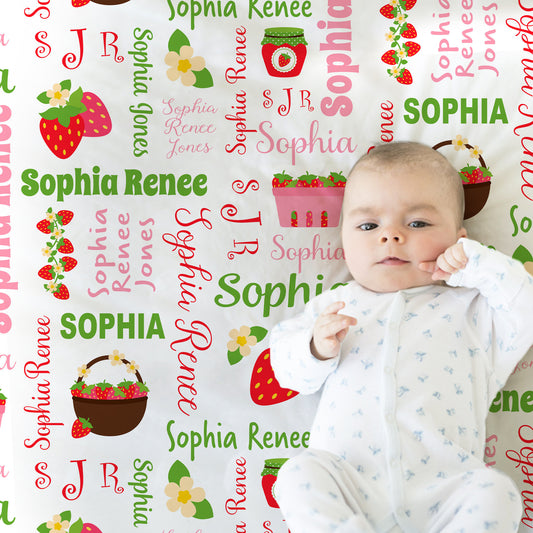 Strawberry baby girl blanket, personalized newborn strawberry name blanket, strawberry swaddle blanket baby gift, summer berry blanket