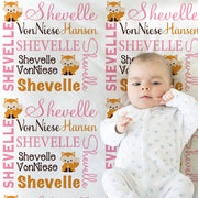 Personalized fox baby girl blanket, newborn cute fox blanket with name, foxes baby swaddle, pink fox theme baby gift, (CHOOSE COLORS)