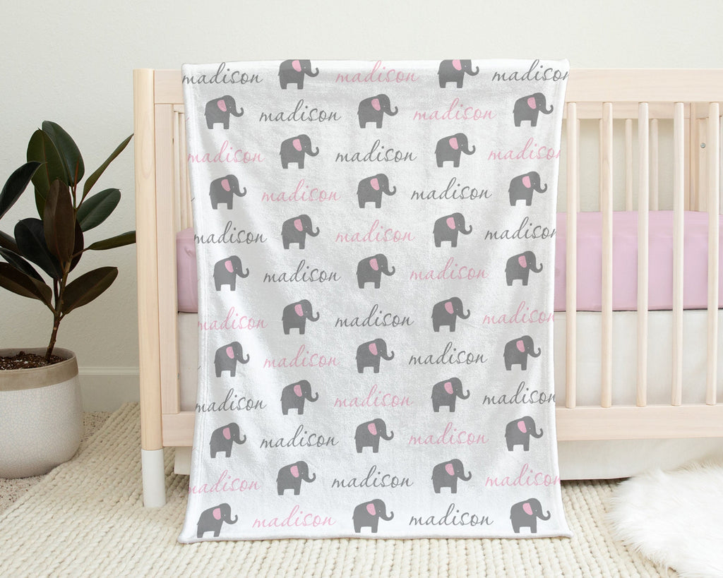 Elephant baby girls name blanket, personalized newborn elephant theme blanket in pink and gray, elephant baby swaddle gift, (CHOOSE COLORS)