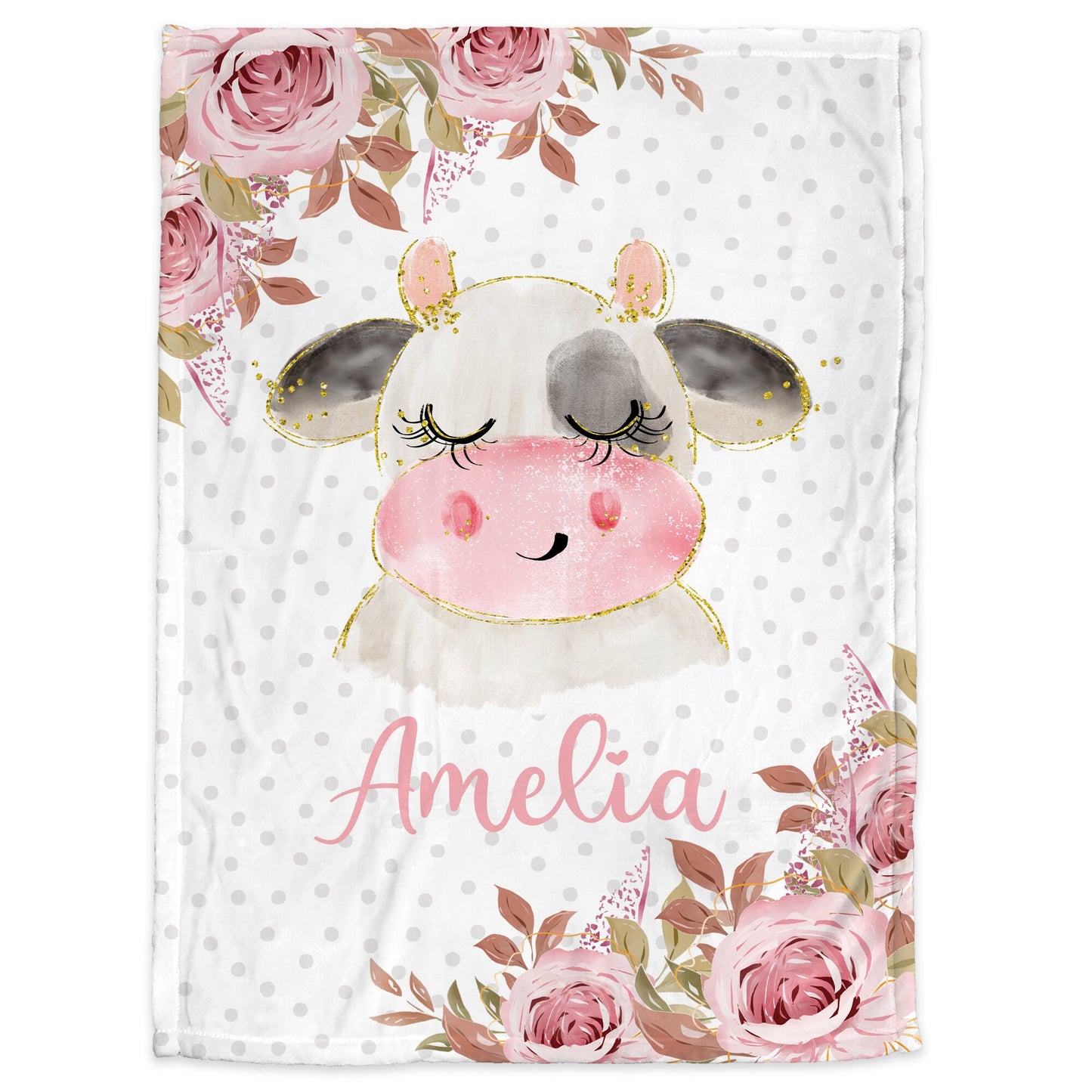 Baby girl floral cow blanket, newborn calf name blanket, watercolor floral gift, personalized baby girl farm animal blanket with flowers
