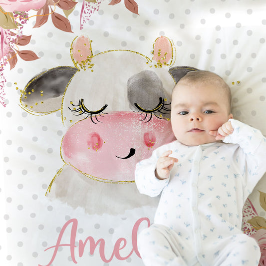 Baby girl floral cow blanket, newborn calf name blanket, watercolor floral gift, personalized baby girl farm animal blanket with flowers