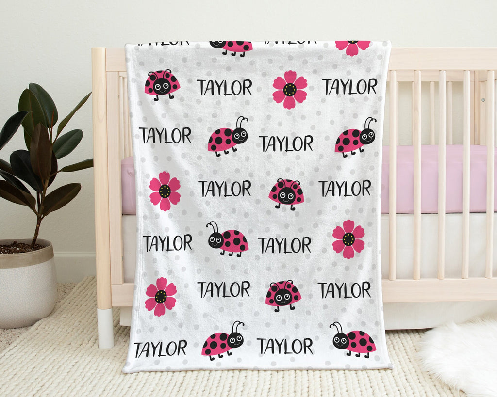 Hot pink and black baby ladybug blanket, personalized newborn girls ladybugs name blanket, ladybugs swaddle, bug baby gift, (CHOOSE COLORS)