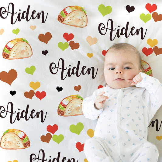 Funny taco baby blanket, cute taco personalized newborn blanket, funny baby gift, unique baby name swaddle, baby boy or girl (CHOOSE COLORS)
